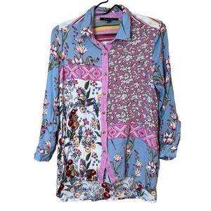 Calessa Size Medium Abstract Patchwork Long Sleeve Gold Button Up Top Artsy